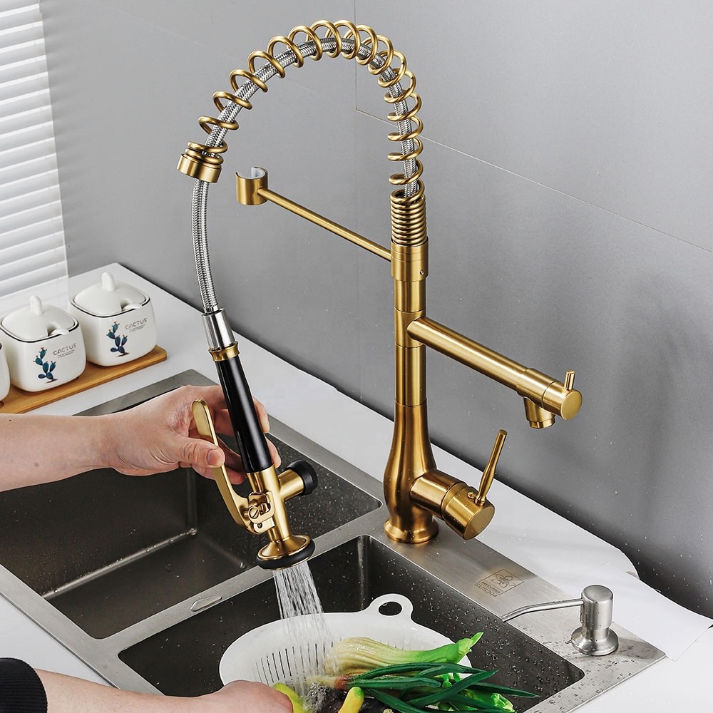 Modern Retractable Flexible Luxury Brass Single Lever Spring Pull Out Kitchen Sink Faucet