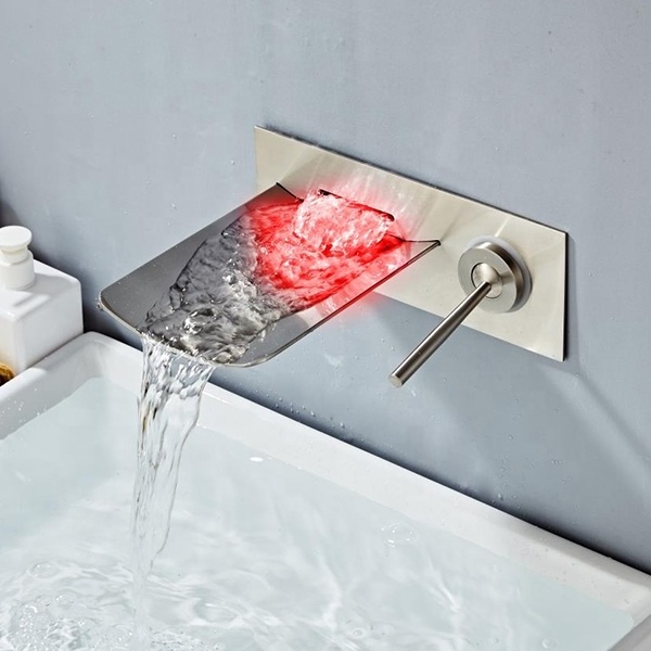 Colorful Glow Water-powered Wall Mount Bathroom Waterfall Brass Wash Basin LED Water Faucet