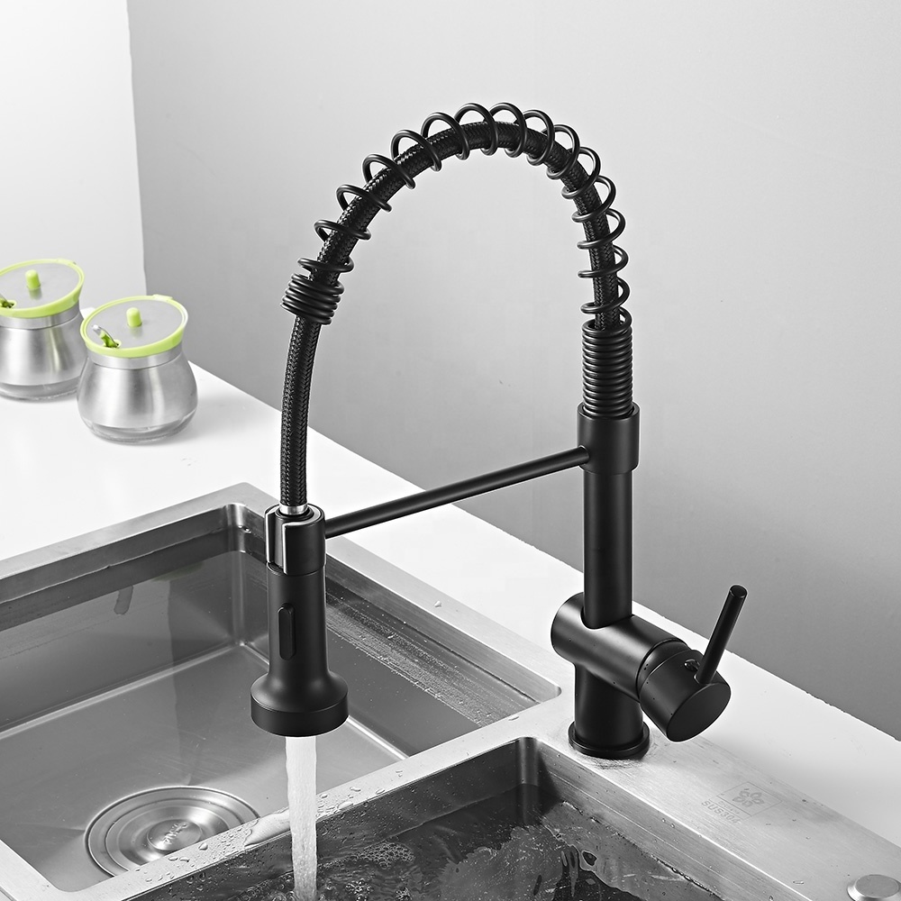 Pull Down Spray Brass Black Single Handle Spring Pull Out Kitchen Faucet