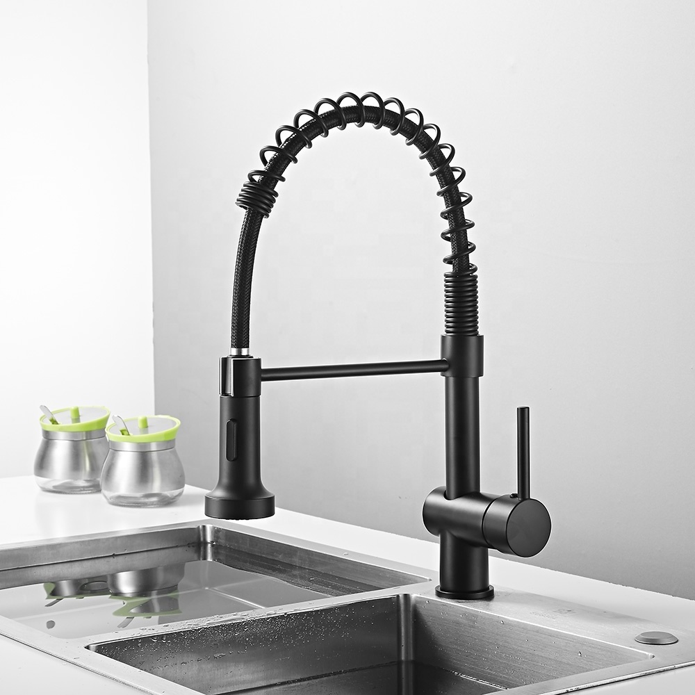 Pull Down Spray Brass Black Single Handle Spring Pull Out Kitchen Faucet