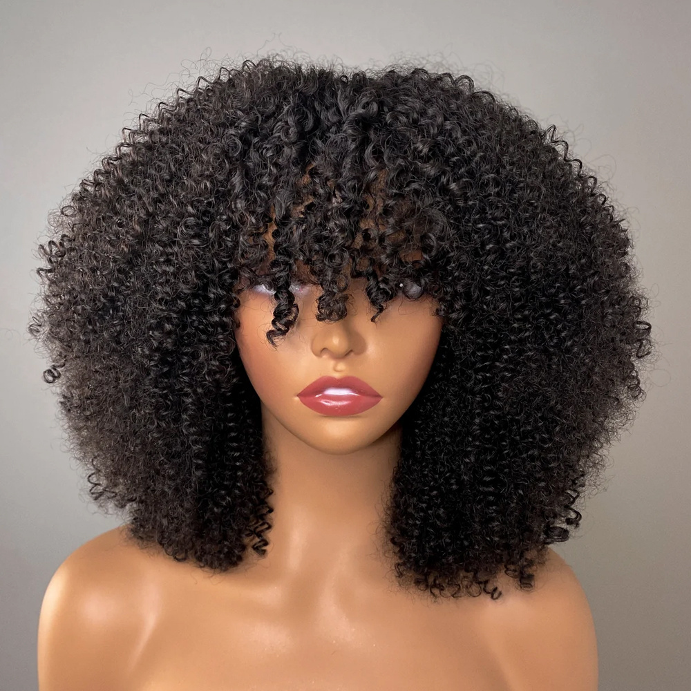 Afro Kinky Curly Human Hair Wigs with Bangs Short Brazilian  Human Hair Machine Made Wigs for Women Glueless