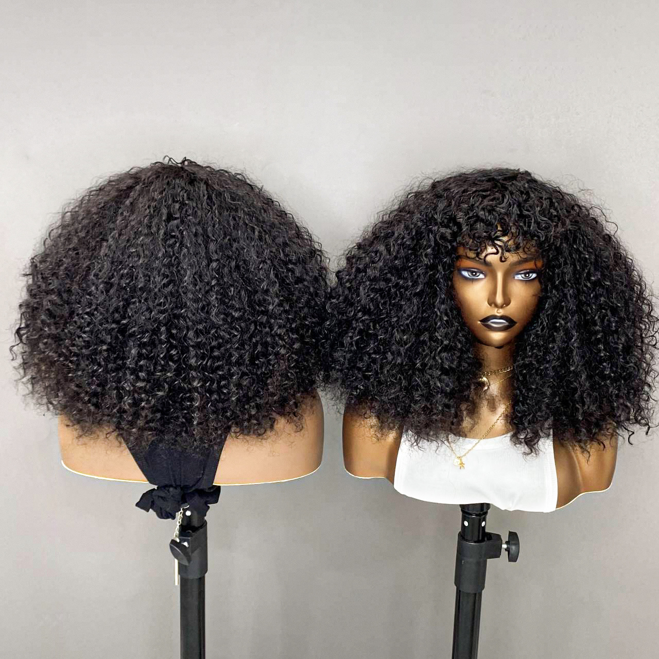 Afro Kinky Curly Human Hair Wigs with Bangs Short Brazilian  Human Hair Machine Made Wigs for Women Glueless