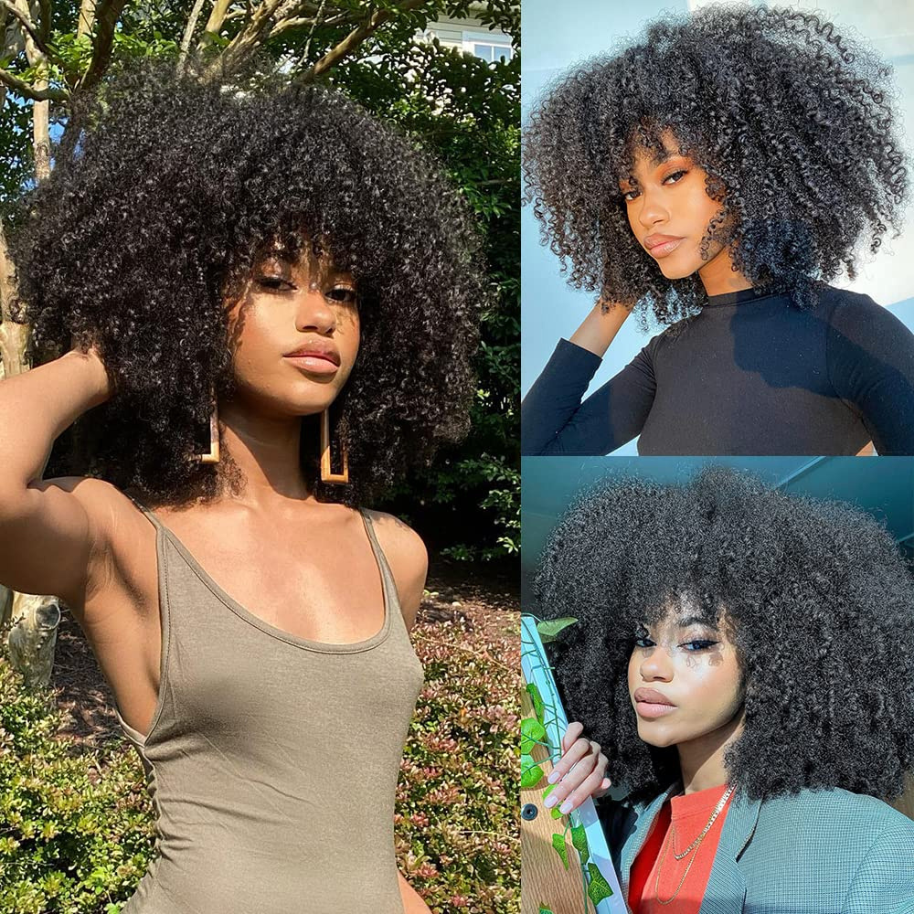 Afro Kinky Curly Human Hair Wigs with Bangs Short Brazilian  Human Hair Machine Made Wigs for Women Glueless