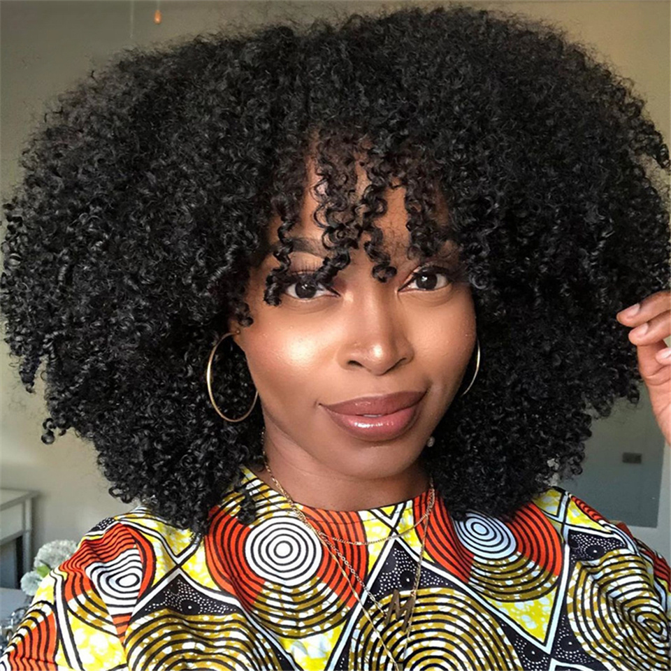 Afro Kinky Curly Human Hair Wigs with Bangs Short Brazilian  Human Hair Machine Made Wigs for Women Glueless