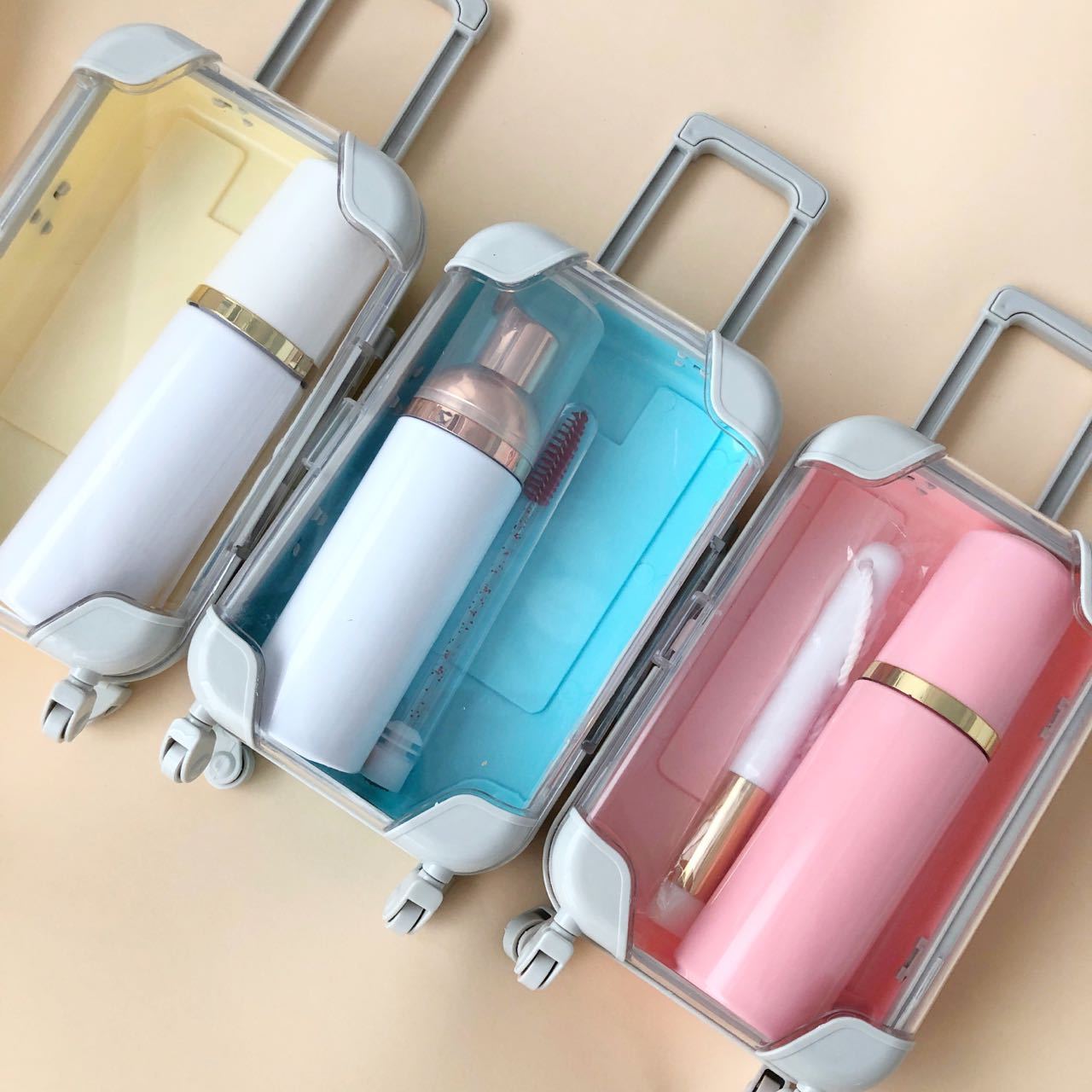 Cute plastic mini luggage suitcase packaging box wholesale clear empty mini suitcases lash suitcase for lash shampoo keychains