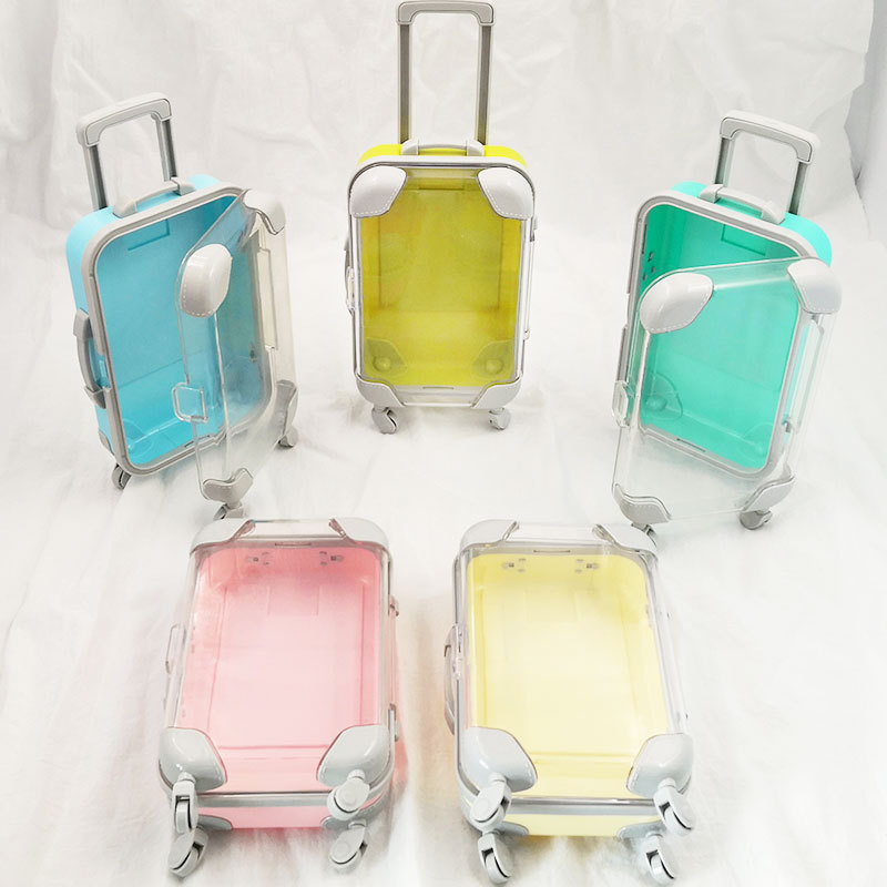 Cute plastic mini luggage suitcase packaging box wholesale clear empty mini suitcases lash suitcase for lash shampoo keychains