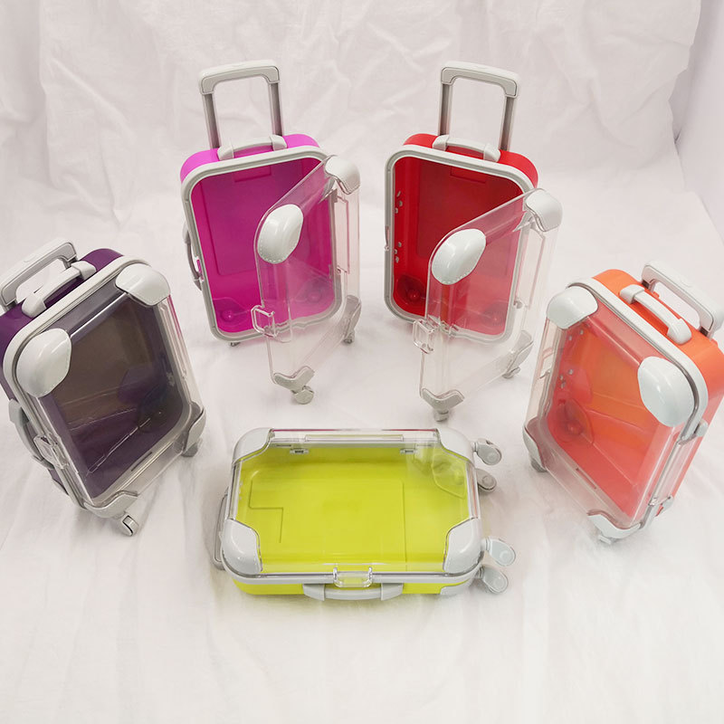 Cute plastic mini luggage suitcase packaging box wholesale clear empty mini suitcases lash suitcase for lash shampoo keychains