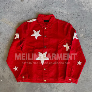 Wholesale Customized Distressed Patches Cropped Length Oversized High Quality Washed Red Denim Jeans Jacket