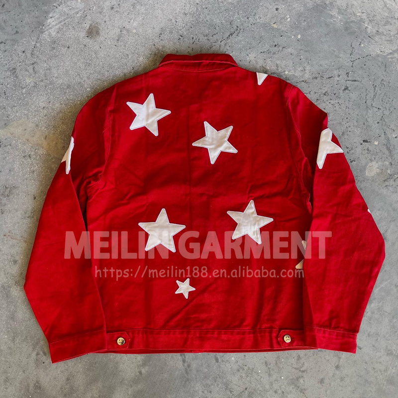 Wholesale Customized Distressed Patches Cropped Length Oversized High Quality Washed Red Denim Jeans Jacket