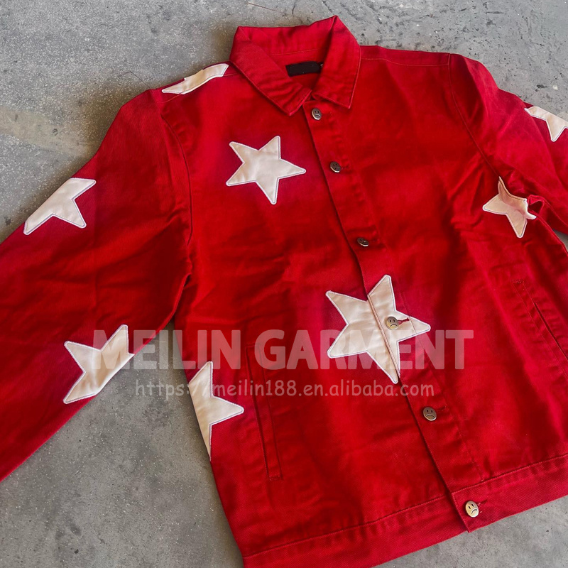 Wholesale Customized Distressed Patches Cropped Length Oversized High Quality Washed Red Denim Jeans Jacket