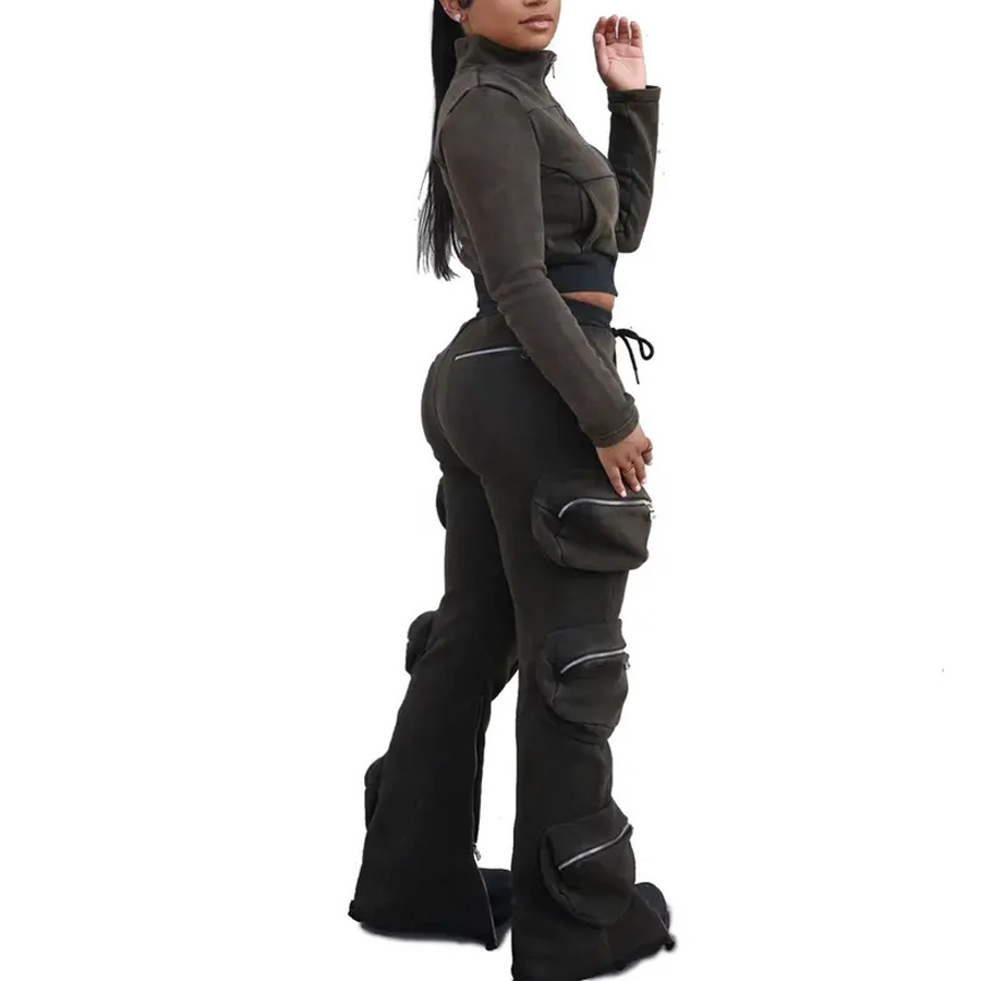 Flare Zipper Bottom Women Crop Zip Up Hoodie Women Two Pieces Cargo Pants With Side Pockets Cargo Sweatpants Women