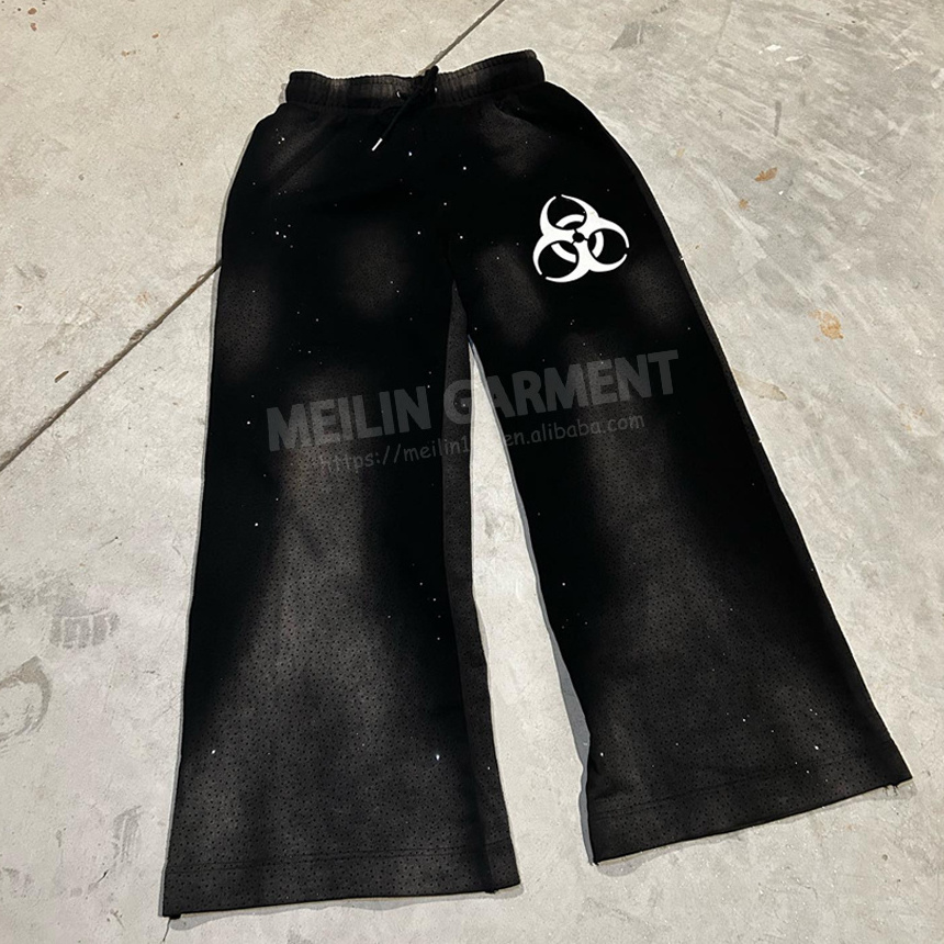 Custom Pants Manufacturer Oversized Acid Washed Sweatpants Rhinestone Pants Jogger Cut And Sew Flared Sweat Pants Men