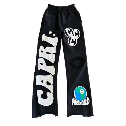 Wholesale Custom Acid Washed Vintage Sunfade Flair Sweatpants Embroidered Patch Pants Jogger Cut And Sew Flare Sweat Sweatpants