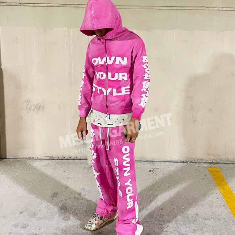 Custom Pink Rhinestones Distress Patches Acid Wash Sweat Suits Heavy Fashion Jogger Tracksuit Flared Sweatpants And Hoodies Set