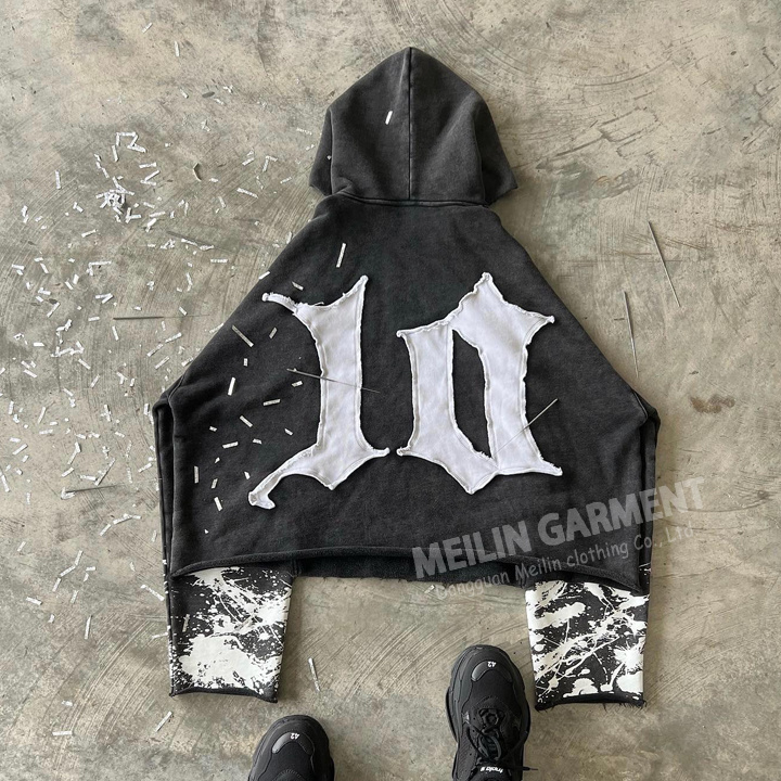 Custom manufacturer 3d embroidery distressed patch hoodies print cut and sew men cropped stone acid washed hoodie