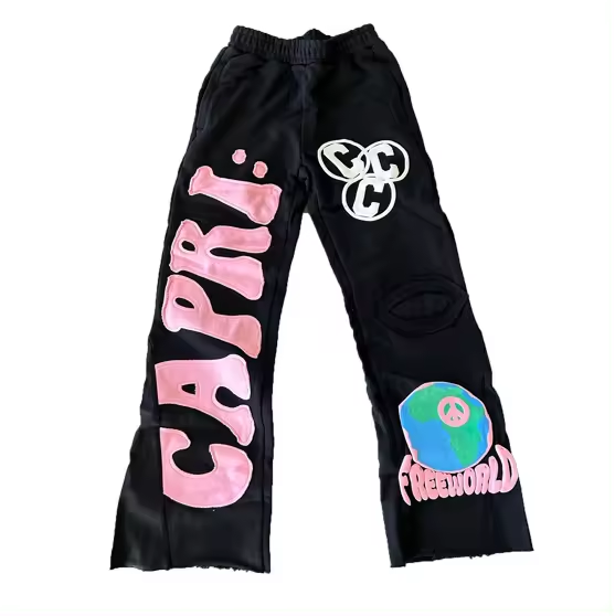 Wholesale Custom Acid Washed Vintage Sunfade Flair Sweatpants Embroidered Patch Pants Jogger Cut And Sew Flare Sweat Sweatpants