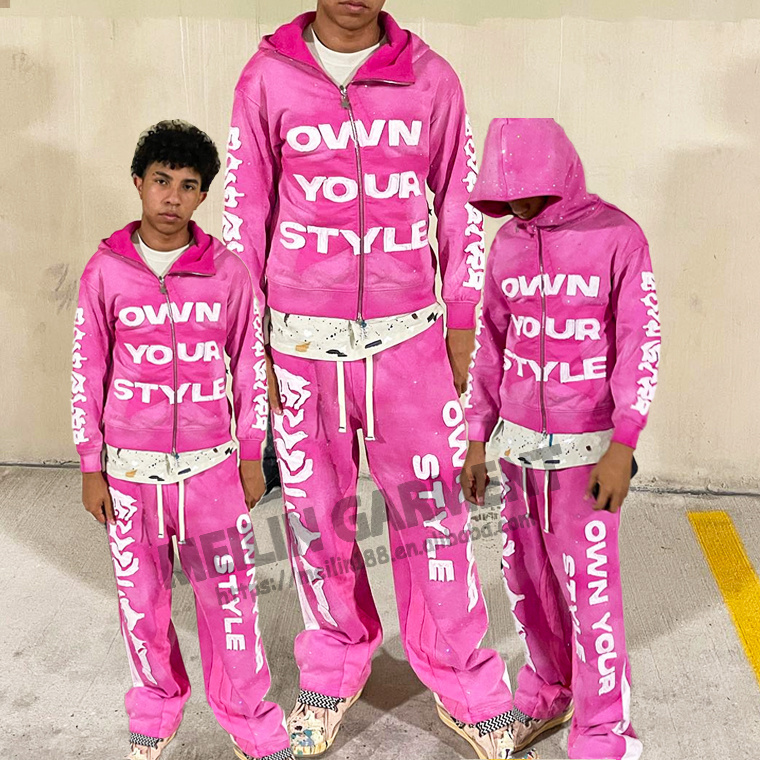 Custom Pink Rhinestones Distress Patches Acid Wash Sweat Suits Heavy Fashion Jogger Tracksuit Flared Sweatpants And Hoodies Set