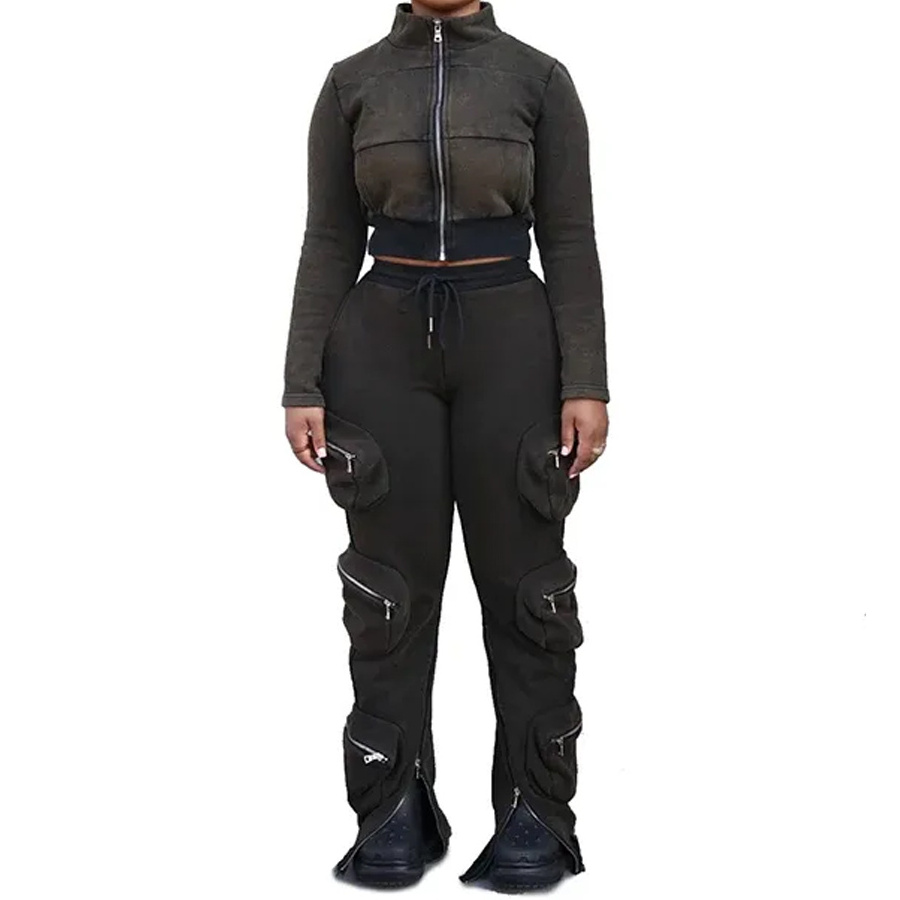 Flare Zipper Bottom Women Crop Zip Up Hoodie Women Two Pieces Cargo Pants With Side Pockets Cargo Sweatpants Women