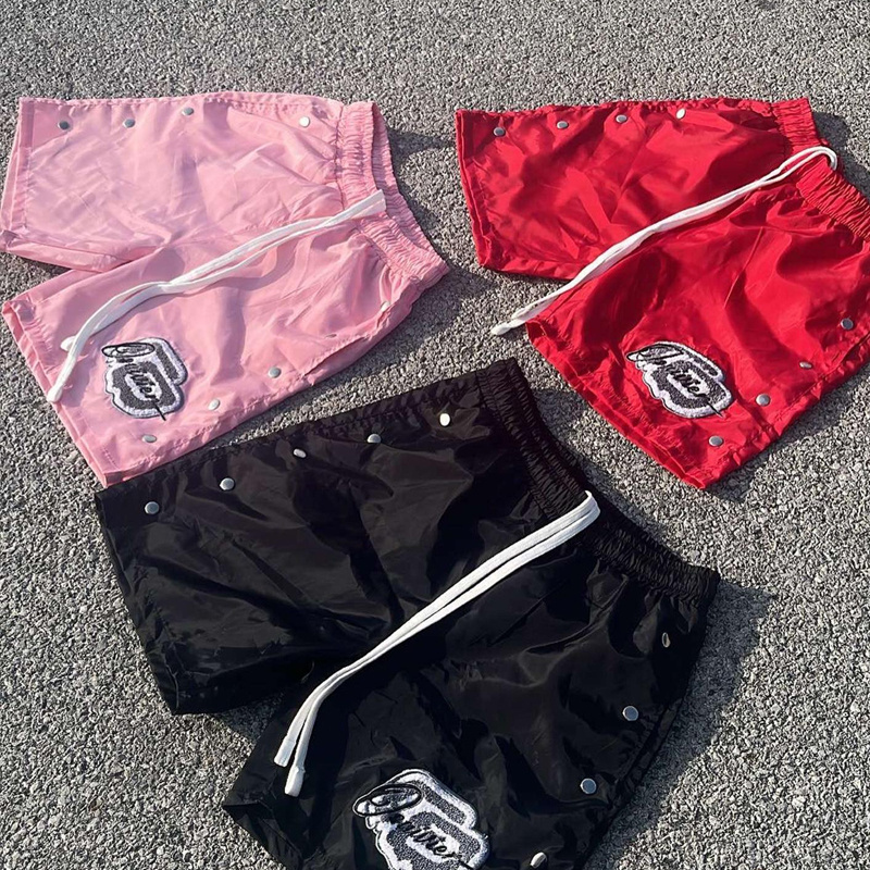 High Quality Custom Logo Polyester Spandex Gym Sports Nylon Windbreak Shorts Side Buttons Nylon Polyester Shorts