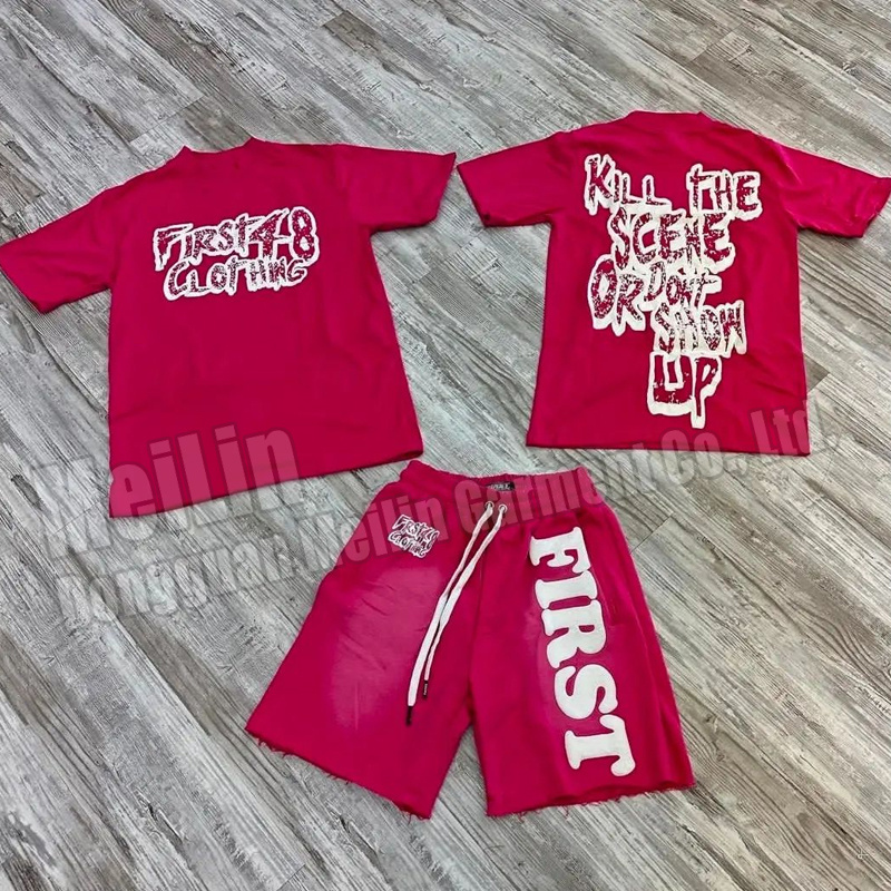 custom logo Puff printing design two piece mens summer suit Two piece acid wash shorts and t shirt shorts set men