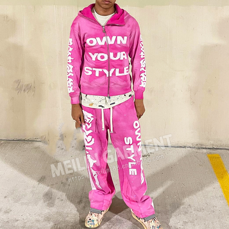 Custom Pink Rhinestones Distress Patches Acid Wash Sweat Suits Heavy Fashion Jogger Tracksuit Flared Sweatpants And Hoodies Set