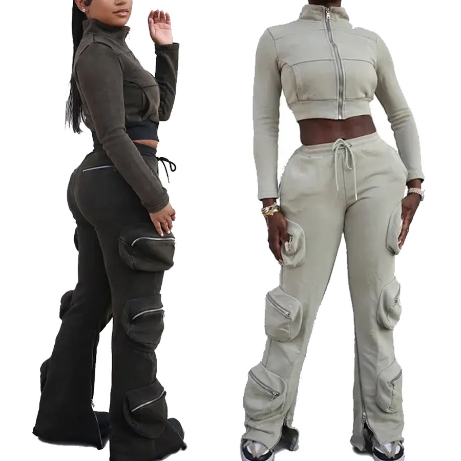 Flare Zipper Bottom Women Crop Zip Up Hoodie Women Two Pieces Cargo Pants With Side Pockets Cargo Sweatpants Women