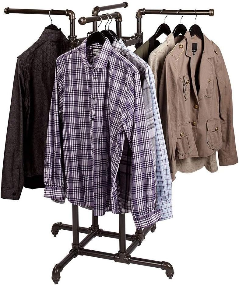 Retail Shop Industrial Style Cloth Display Racks Adjustable 4 Way Metal Four Way Pipe Clothing Rack