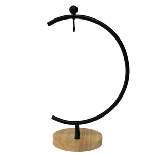 Creative Counter Top Wood Base with Iron Moon Shape Display Racks Hanging Holder Flower Pot Stand