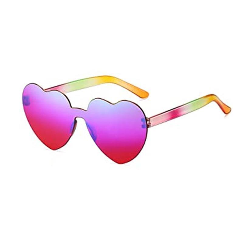 Wholesale Custom Logo Rainbow Frameless Lens Eyewear Candy Color PC Rimless Sunglasses pink love Heart Shaped glass Sunglasses