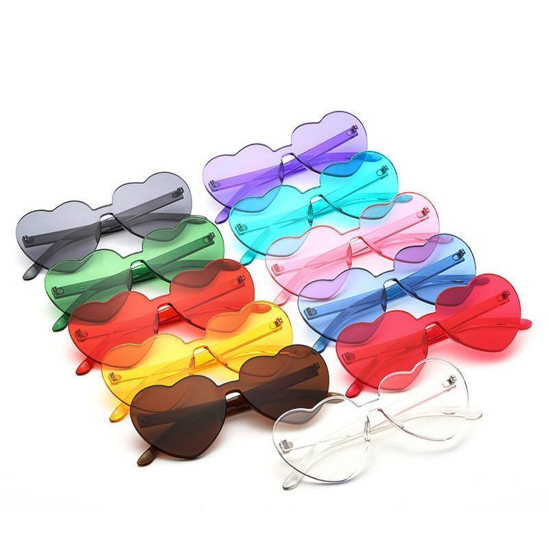 Wholesale Custom Logo Rainbow Frameless Lens Eyewear Candy Color PC Rimless Sunglasses pink love Heart Shaped glass Sunglasses