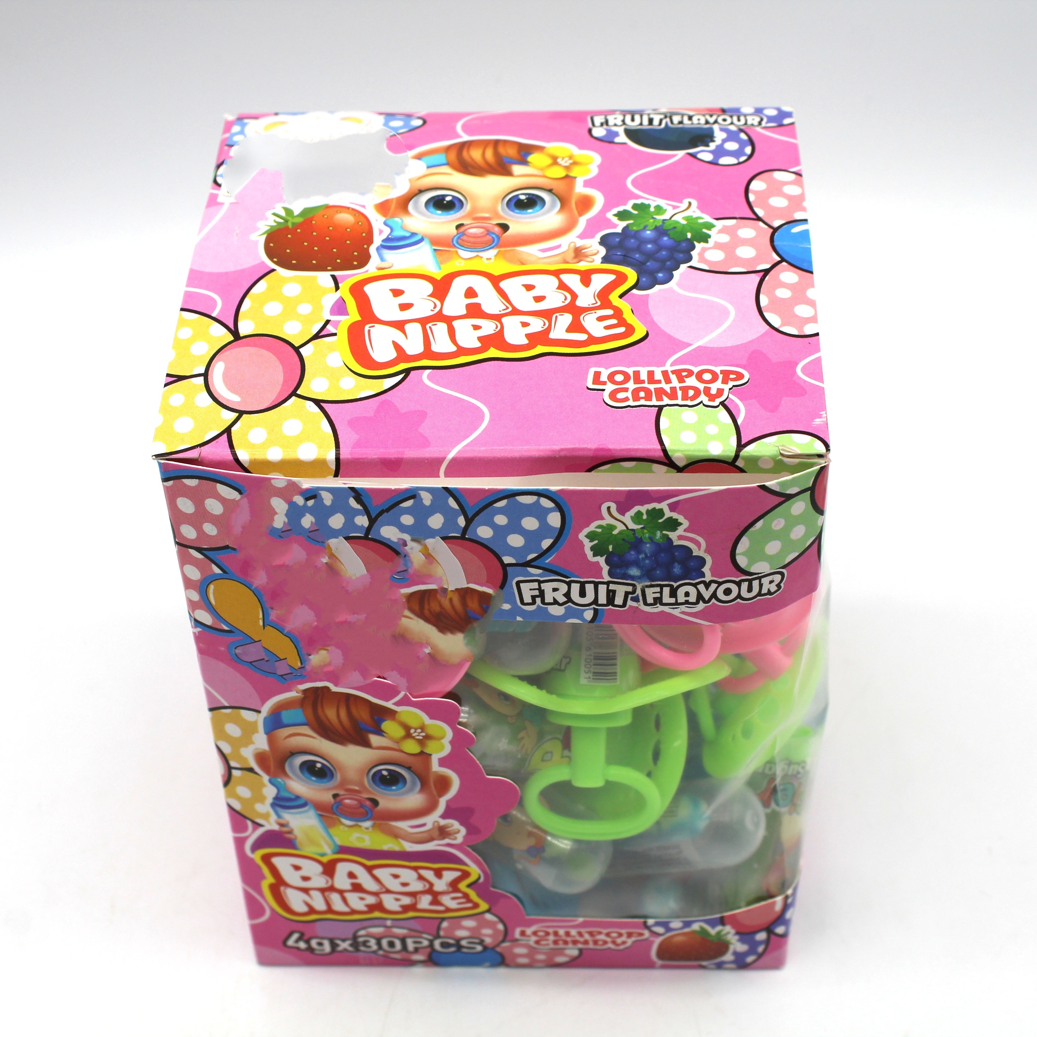 Custom Halal Gummy Candy Tattoo Baby Bottle Shape Lollipop with Big Nipple Fruit Flavored Cartoon Design Packaged in Box