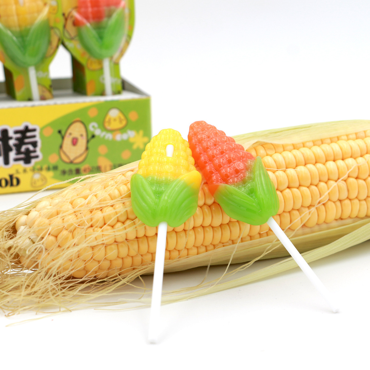 halal fruit flavor sweet corn shaped lollipop hard candy in display box