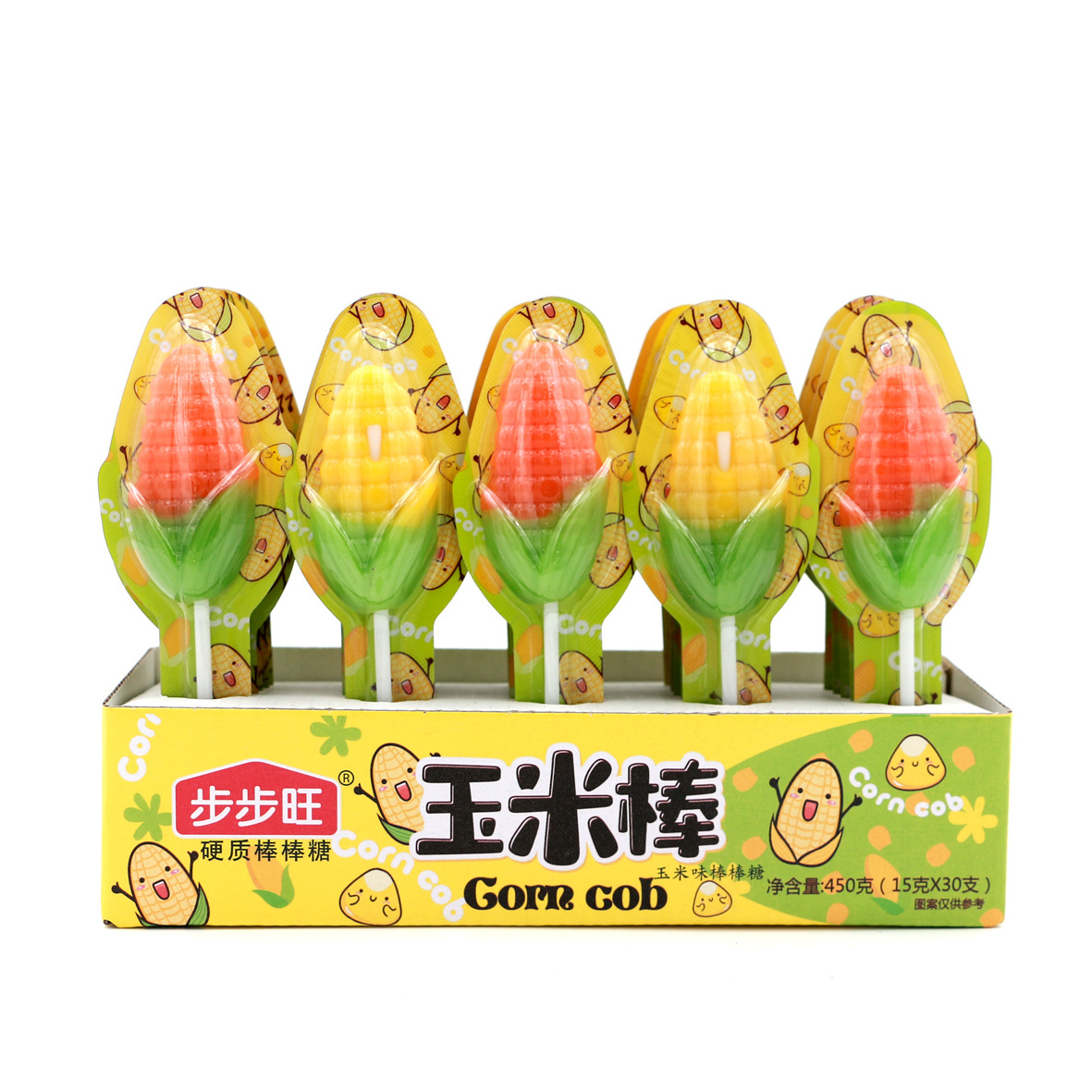 halal fruit flavor sweet corn shaped lollipop hard candy in display box