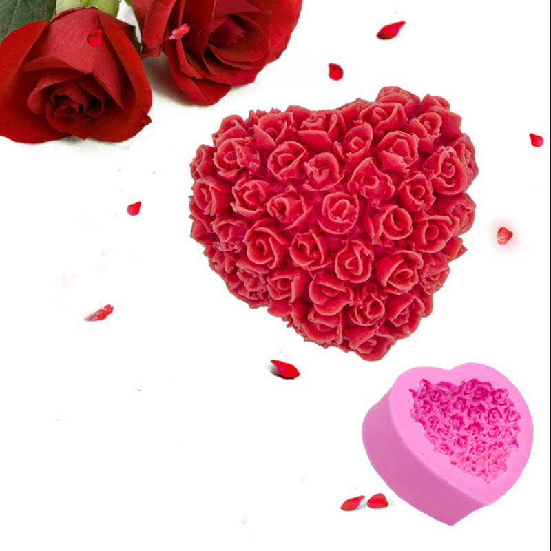 Silicone 3D Rose Flower Love Heart Shape Mold DIY Fondant Sugar Pudding Soap Candle Mould for Wedding Valentine Cake Chocolate