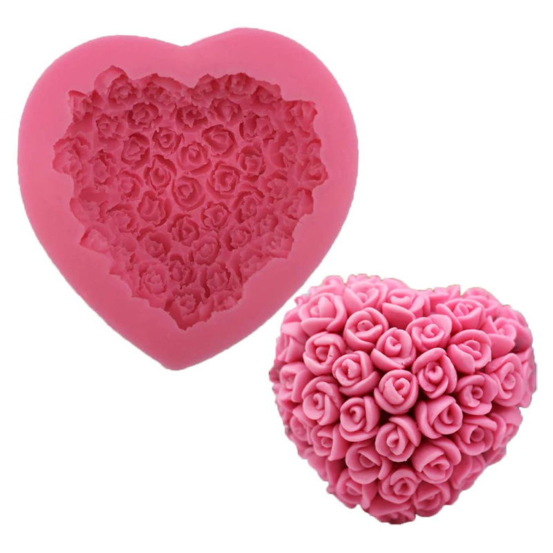 Silicone 3D Rose Flower Love Heart Shape Mold DIY Fondant Sugar Pudding Soap Candle Mould for Wedding Valentine Cake Chocolate