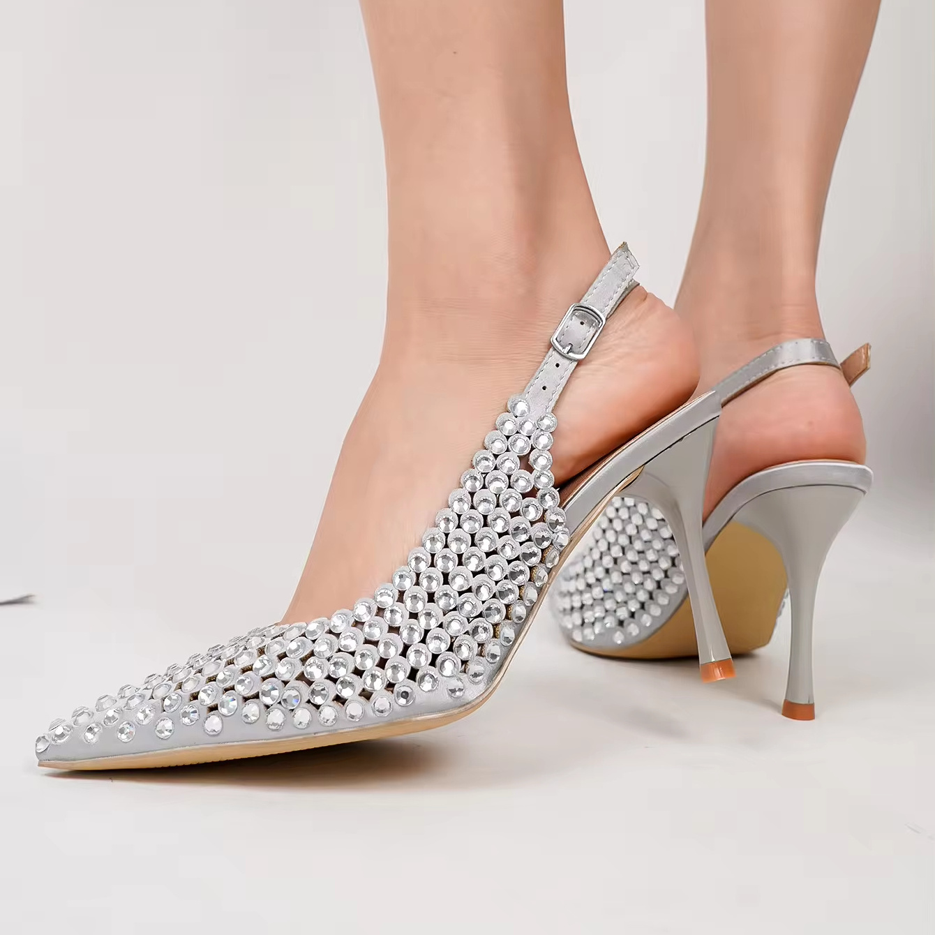 Summer Sex Pointy Toe Buckle Strap Diamonds Pumps Shoes Openwork Thin Luxury Brands Sandals Genuine Leather Shoes Heel