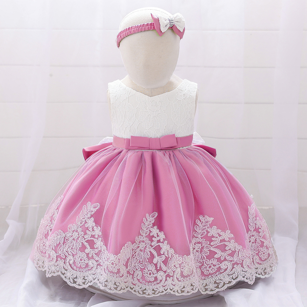 MQATZ Flower Girl Baby Dress Princess Gown With Headband Lace Red Bow Party Wear Kids birthday Dresses