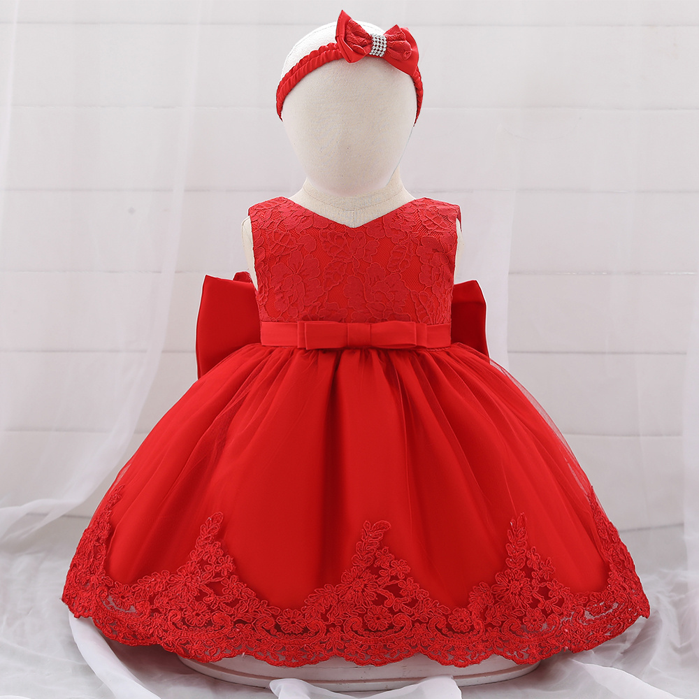 Wholesale Newborn baby girl party dress floral christening event frock little princess skirt with free hairband L1911XZ