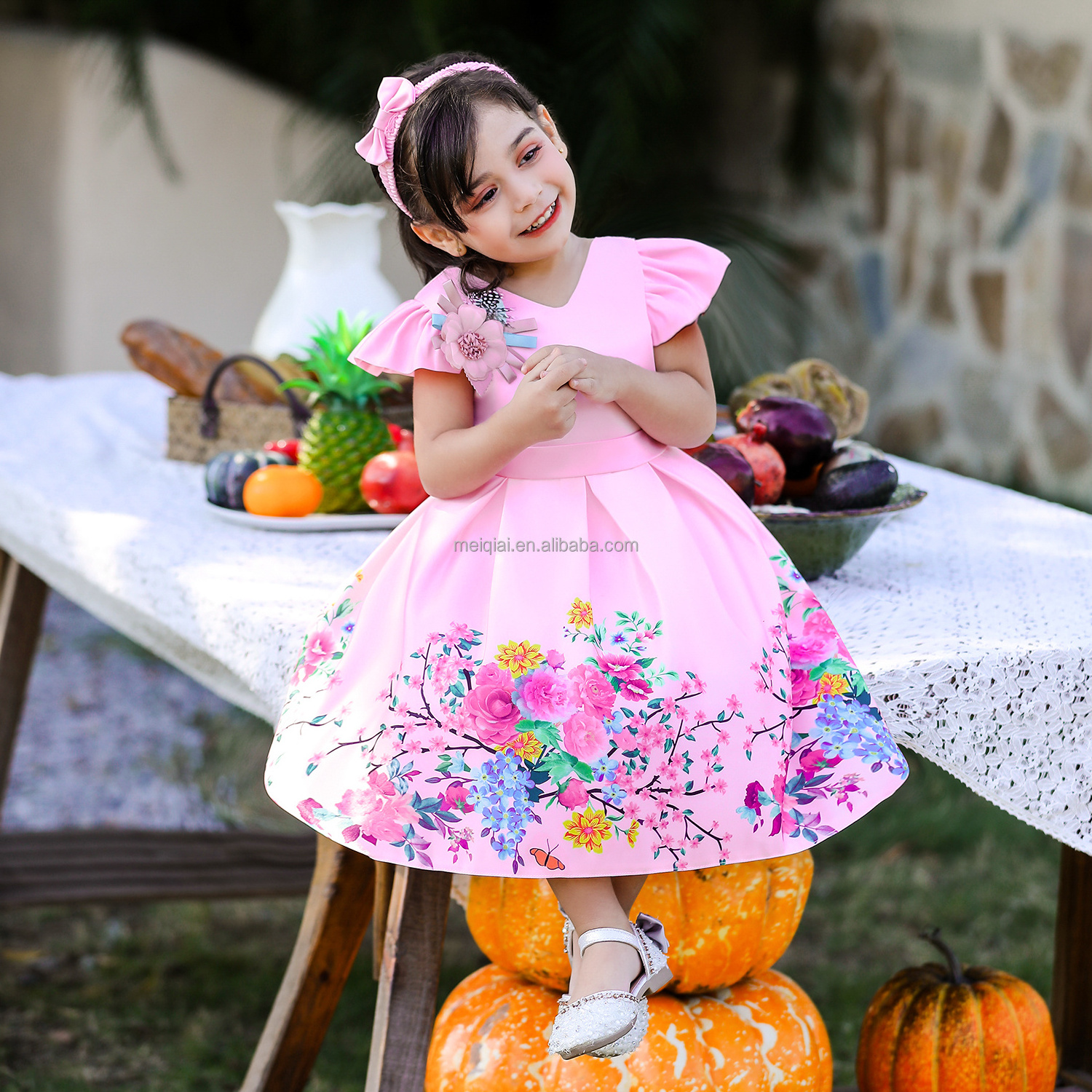 MQATZ Princess Floral Christmas Party Wedding Bridesmaid Tulle Tutu Dresses Big Bow Girl Frock