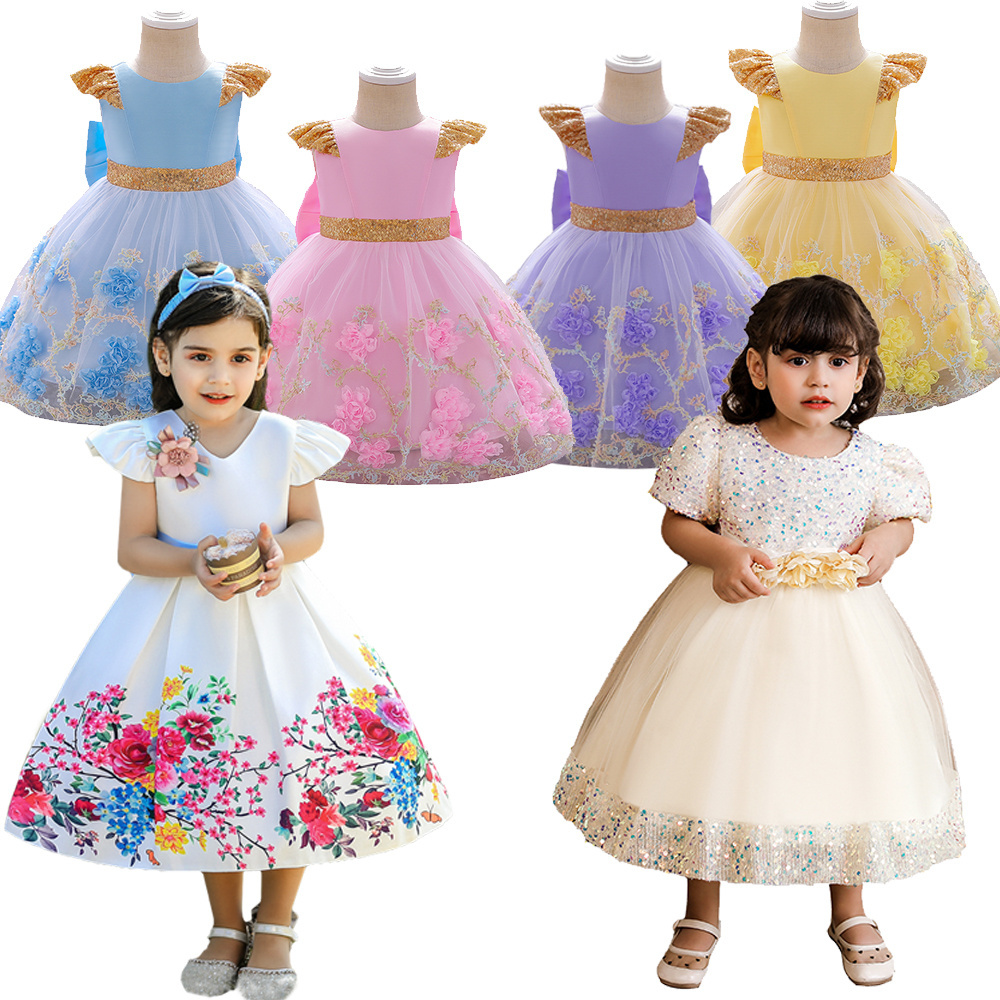 MQATZ Princess Floral Christmas Party Wedding Bridesmaid Tulle Tutu Dresses Big Bow Girl Frock