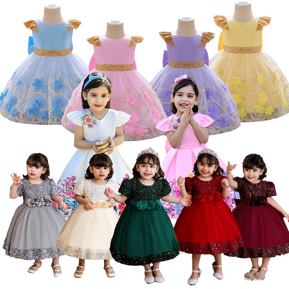 MQATZ Princess Floral Christmas Party Wedding Bridesmaid Tulle Tutu Dresses Big Bow Girl Frock