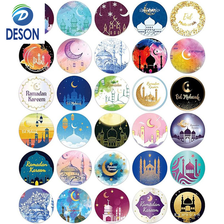 Deson Muslim Eid Mubarak Party Decoration Wholesale Moon Star Pattern Glow Halogram Window Foil Round Stickers for Kids