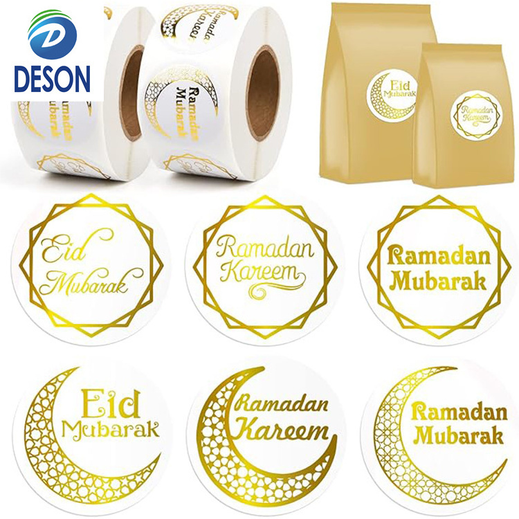 Deson Muslim Eid Mubarak Party Decoration Wholesale Moon Star Pattern Glow Halogram Window Foil Round Stickers for Kids