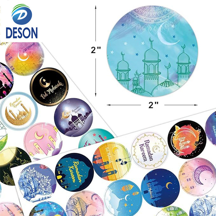 Deson Muslim Eid Mubarak Party Decoration Wholesale Moon Star Pattern Glow Halogram Window Foil Round Stickers for Kids