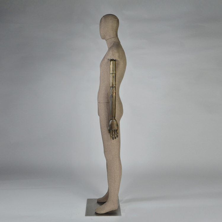 Full body fabric wrapped male mannequin with wood arms