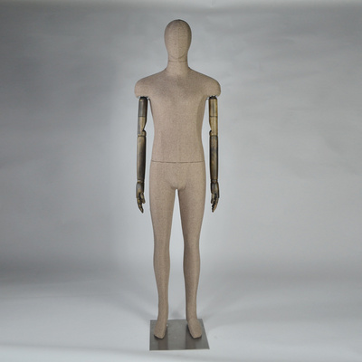 Full body fabric wrapped male mannequin with wood arms