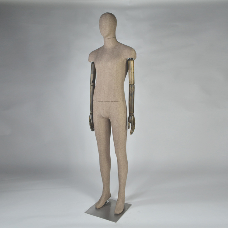 Full body fabric wrapped male mannequin with wood arms