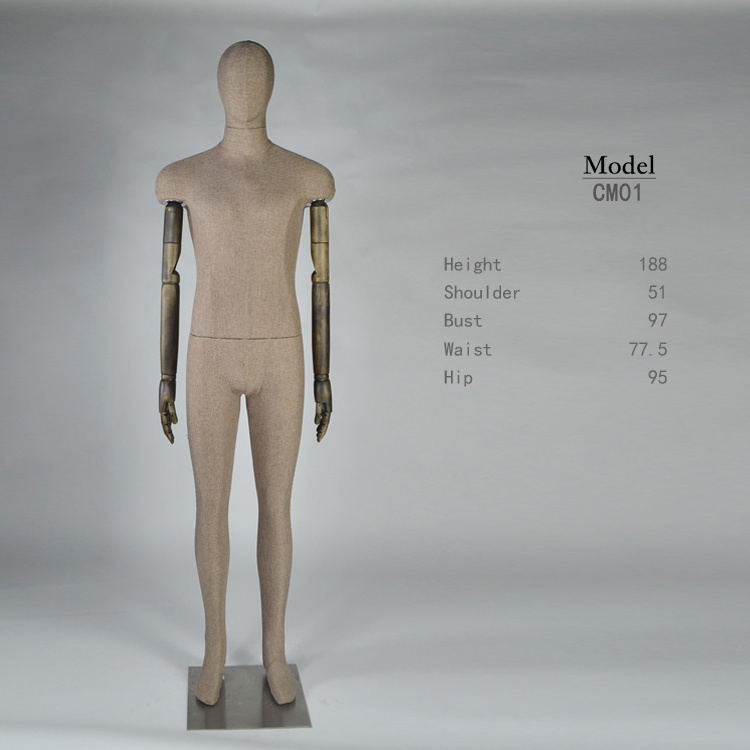 Full body fabric wrapped male mannequin with wood arms