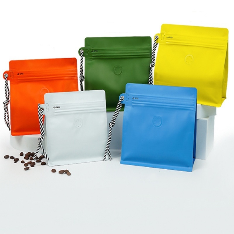 Lanyard eight side sealing flat bottom coffee bags Resealable Ziplock Stand Up pouch Aluminum Glossy food packing Bag with valve