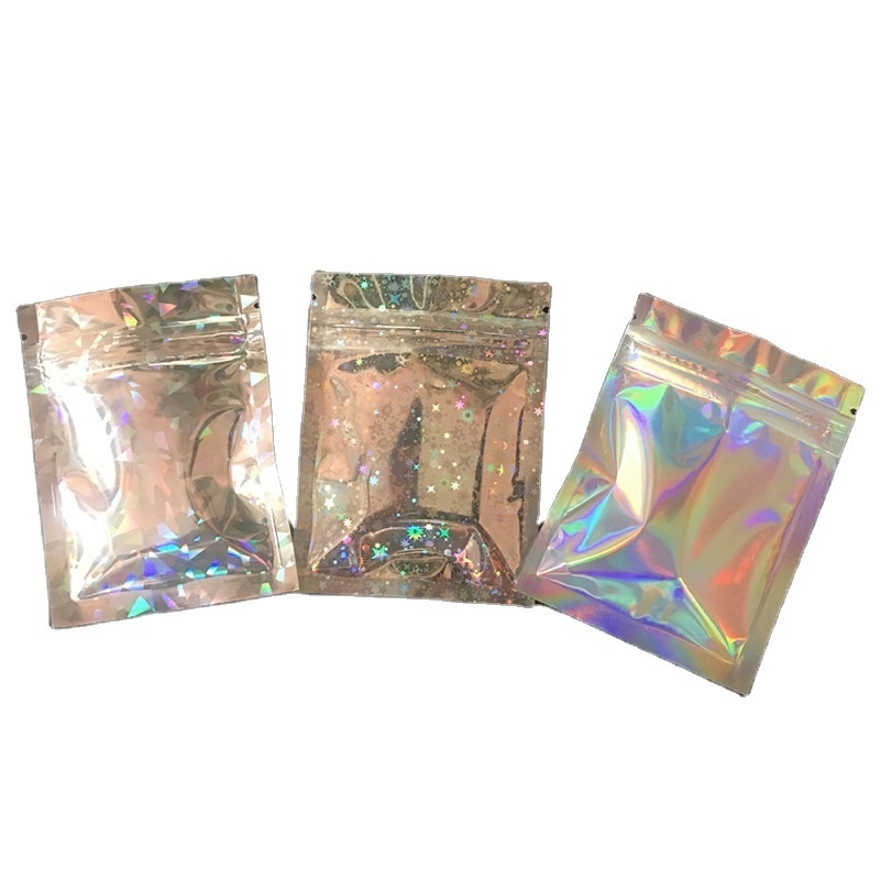 Resealable Smell Proof Flat Packaging Bags Foil Laser Pouch Holographic Mylar Packaging Custom Candy Bag